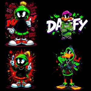 May include: Four cartoon character illustrations on a black background. Marvin the Martian and Daffy Duck are featured in various poses, wearing hoodies and sneakers. Text includes "DAFFY", "BRIGHT FLOW", and "BLAST OFF". The color palette is vibrant, with neon green, red, and white accents.