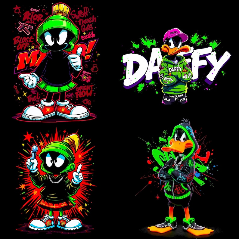 May include: Four cartoon character illustrations on a black background. Marvin the Martian and Daffy Duck are featured in various poses, wearing hoodies and sneakers. Text includes "DAFFY", "BRIGHT FLOW", and "BLAST OFF". The color palette is vibrant, with neon green, red, and white accents.