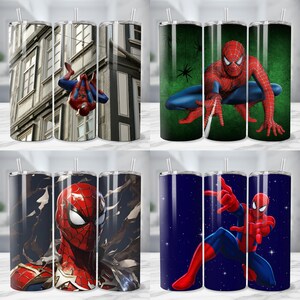 May include: Four stainless steel tumblers with various Spider-Man designs. One features Spider-Man hanging from a building, another shows him crouching on a green background with spiders, and two others showcase different action poses against dark backgrounds.