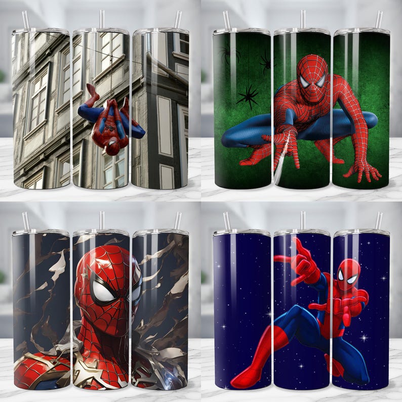 May include: Four stainless steel tumblers with various Spider-Man designs. One features Spider-Man hanging from a building, another shows him crouching on a green background with spiders, and two others showcase different action poses against dark backgrounds.