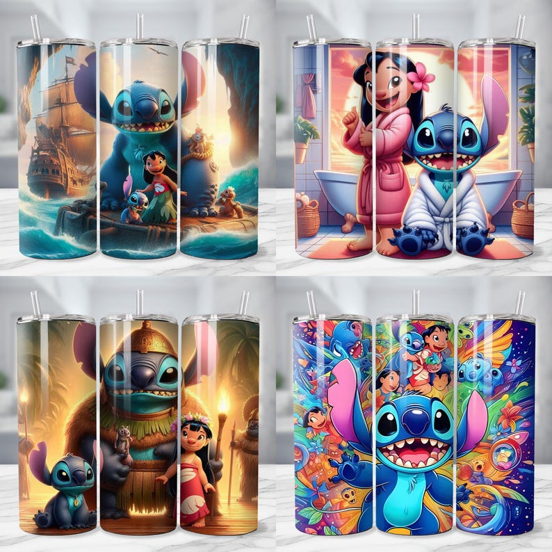 Puede incluir: Cuatro vasos de acero inoxidable con varias ilustraciones coloridas del personaje Stitch de la pel&iacute;cula animada Lilo & Stitch. Los dise&ntilde;os incluyen a Stitch con Lilo, Stitch en un entorno de spa y Stitch en un entorno tribal.