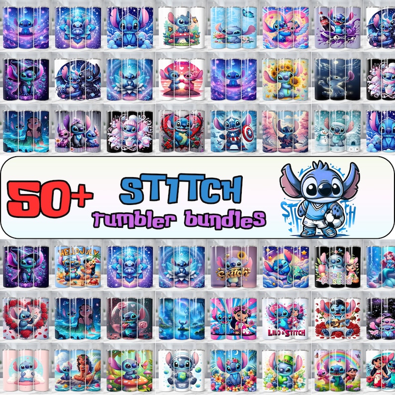 May include: A collection of over 50 Stitch-themed tumbler designs. The tumblers feature various colorful illustrations of the character Stitch. The image includes the text "50+ Stitch tumbler bundles" and a cartoon Stitch character.
