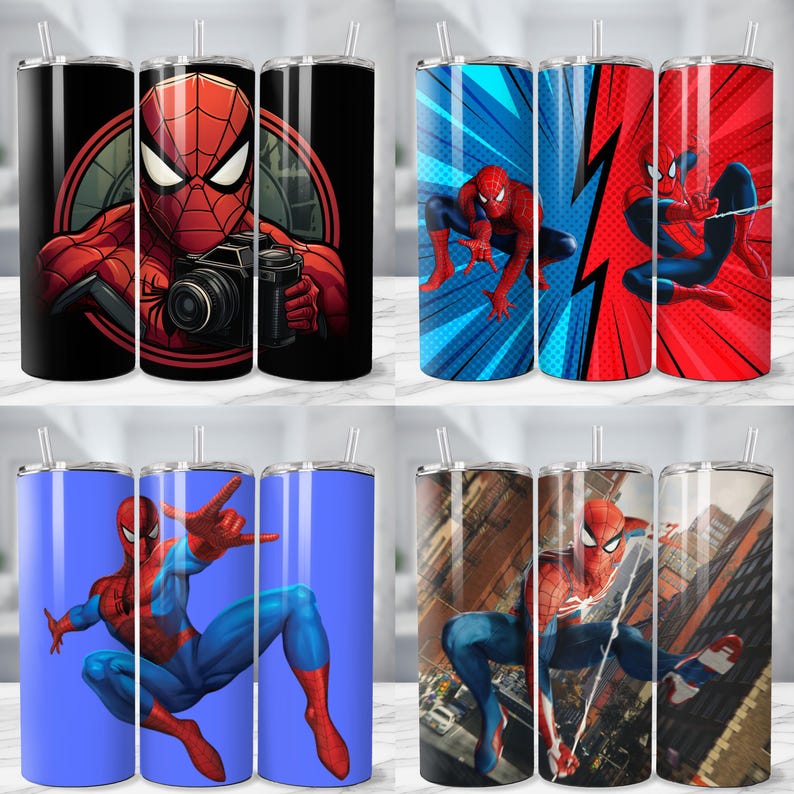 May include: A collection of stainless steel tumblers featuring Spider-Man designs. The tumblers showcase various action poses and graphics of the superhero, with backgrounds in black, blue, and red. Each tumbler has a clear lid and a straw.