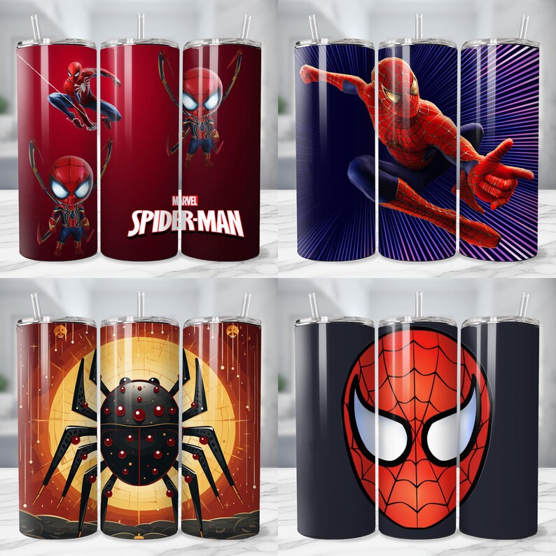 May include: A collection of four stainless steel tumblers featuring Spider-Man designs. The tumblers showcase various images of the superhero, including action poses and the iconic mask. The tumblers have a silver straw and a black lid.