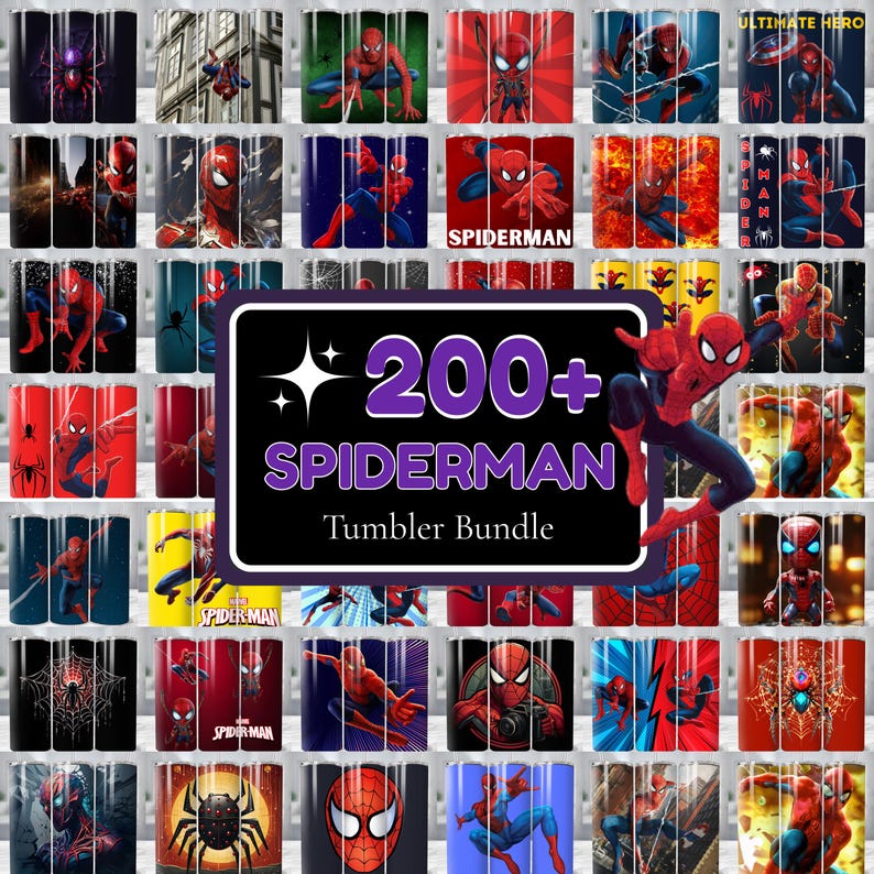 May include: A collection of Spiderman-themed tumblers. The tumblers feature various designs of the superhero in action poses, with vibrant red, blue, and black color schemes. The image includes a sign that says "200+ Spiderman Tumbler Bundle".