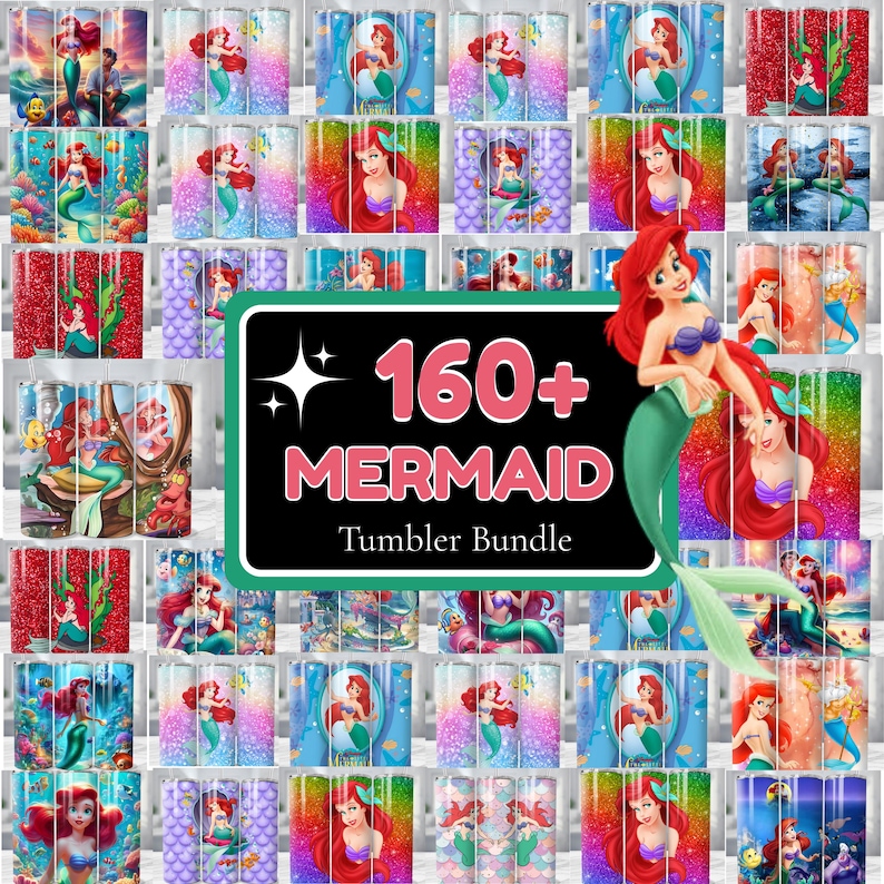 May include: A collection of mermaid-themed tumblers with various designs, including images of a red-haired mermaid. The tumblers feature glitter, ocean scenes, and the text "160+ MERMAID Tumbler Bundle."