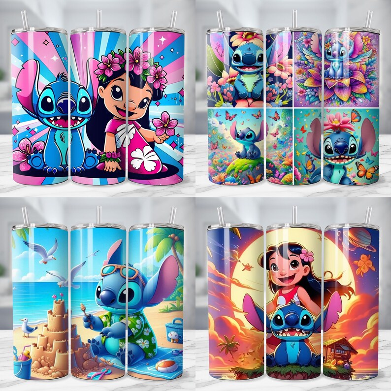 Puede incluir: Una colecci&oacute;n de vasos aislados con ilustraciones coloridas de los personajes Stitch y Lilo de la pel&iacute;cula Lilo & Stitch. Los dise&ntilde;os incluyen escenas de playa, patrones florales y retratos de personajes.