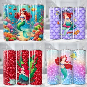 May include: Four stainless steel tumblers with mermaid designs. One tumbler features a mermaid in an underwater scene with colorful coral and fish. Another has a mermaid in a shell on a purple scale background. The other two tumblers have a red glitter background.