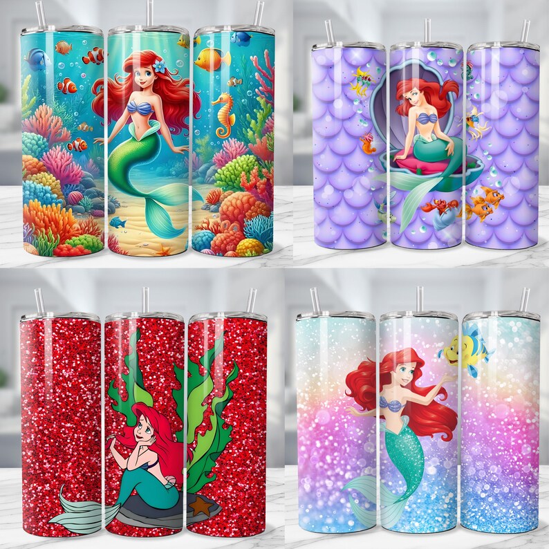 May include: Four stainless steel tumblers with mermaid designs. One tumbler features a mermaid in an underwater scene with colorful coral and fish. Another has a mermaid in a shell on a purple scale background. The other two tumblers have a red glitter background.