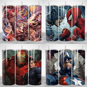 May include: A collection of stainless steel tumblers featuring various Marvel comic book characters. The tumblers showcase vibrant illustrations of Captain America, Spider-Man, Iron Man, and other heroes. Each tumbler has a straw and a glossy finish.