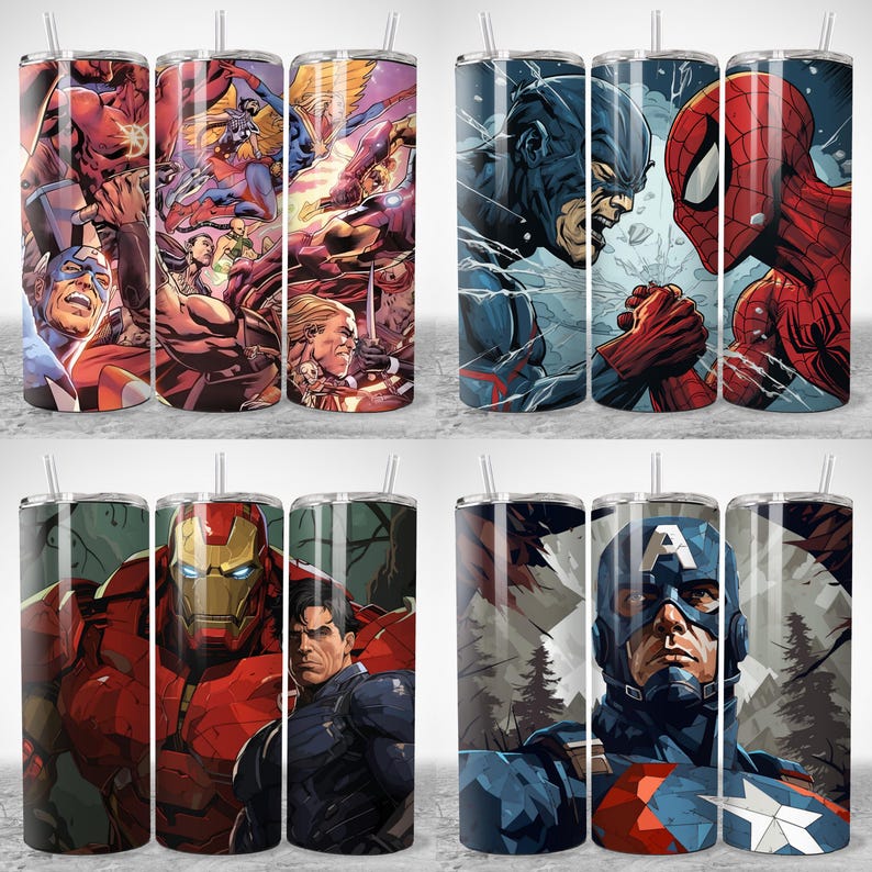 May include: A collection of stainless steel tumblers featuring various Marvel comic book characters. The tumblers showcase vibrant illustrations of Captain America, Spider-Man, Iron Man, and other heroes. Each tumbler has a straw and a glossy finish.