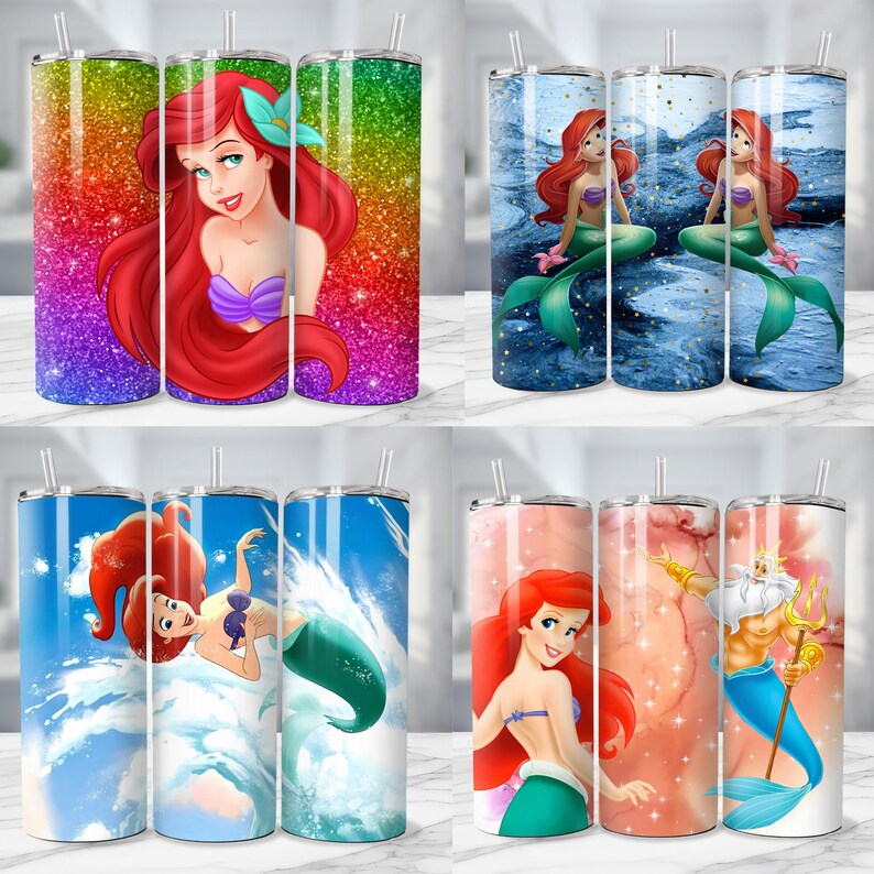 May include: A collection of four stainless steel tumblers featuring colorful designs. The tumblers showcase images of a mermaid with red hair, a purple seashell bra, and a green tail. The backgrounds include a rainbow glitter effect, ocean scenes, and a coral-colored design.