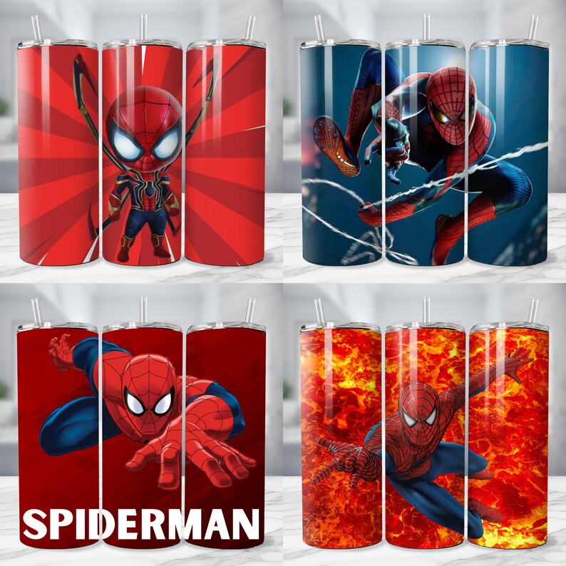 May include: Four stainless steel tumblers with Spiderman graphics. The designs feature Spiderman in various action poses against red and blue backgrounds. Each tumbler has a silver straw.