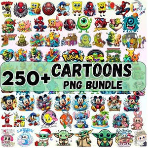 Ponad 250 plików PNG Cartoon Mega Bundle z postaciami z kreskówek, kreskówkami, pakietami kreskówek i plikami PNG retro, do natychmiastowego pobrania