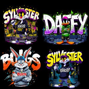 May include: Four colorful cartoon character designs on a black background. Sylvester the cat and Bugs Bunny are featured, each wearing streetwear and holding a microphone. Daffy Duck is also shown. The word "SYLVESTER", "DAFFY", and "BUGS" are written in graffiti style.