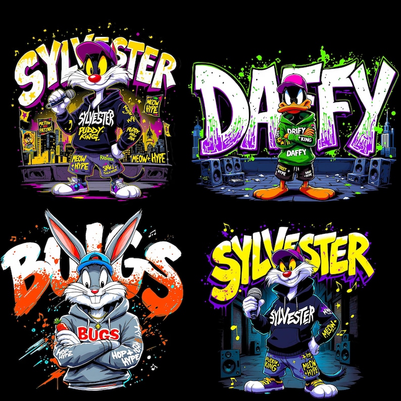 May include: Four colorful cartoon character designs on a black background. Sylvester the cat and Bugs Bunny are featured, each wearing streetwear and holding a microphone. Daffy Duck is also shown. The word "SYLVESTER", "DAFFY", and "BUGS" are written in graffiti style.