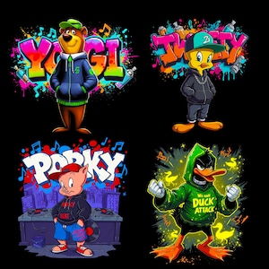 May include: Four cartoon characters in graffiti style. Yogi Bear in a blue hoodie, Tweety Bird in a black hoodie, Porky Pig with a DJ setup, and Daffy Duck in a green hoodie with the text "We Have Duck Attack".