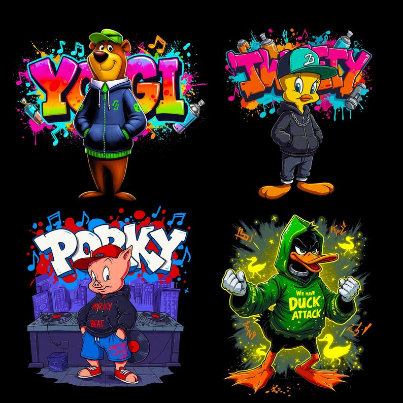 May include: Four cartoon characters in graffiti style. Yogi Bear in a blue hoodie, Tweety Bird in a black hoodie, Porky Pig with a DJ setup, and Daffy Duck in a green hoodie with the text "We Have Duck Attack".