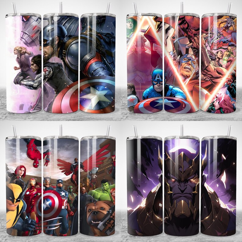 May include: A collection of stainless steel tumblers featuring various Marvel comic book characters. Each tumbler has a different design, including Captain America, Wolverine, and Thanos. The tumblers have a straw and are designed to keep drinks cold.