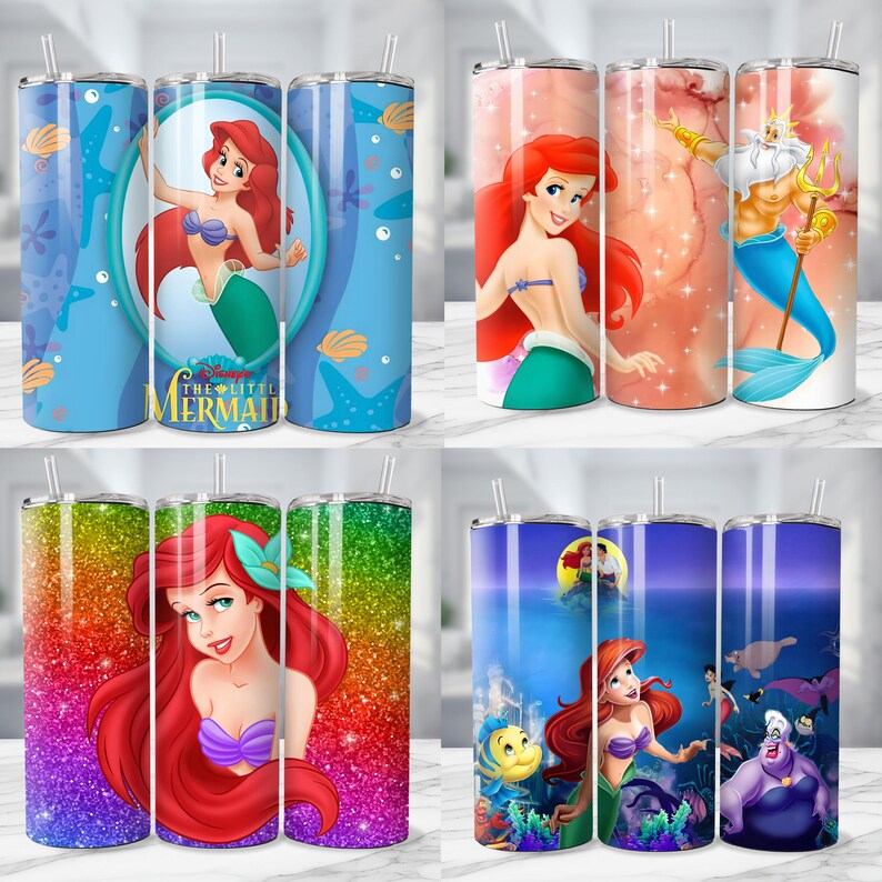 May include: A collection of insulated tumblers featuring designs from "The Little Mermaid." The tumblers showcase Ariel, King Triton, and other characters. The designs include vibrant colors, glitter effects, and underwater scenes. Each tumbler has a straw and a lid.