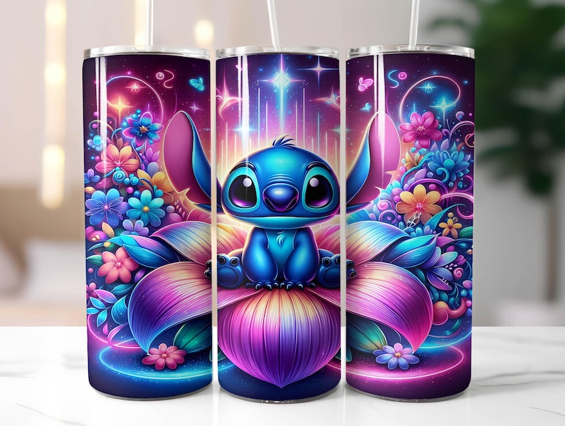 May include: Three stainless steel tumblers with a blue Stitch character from Disney's Lilo & Stitch. Stitch is surrounded by colorful flowers and a glowing purple and pink background. The tumblers are a popular choice for Disney fans and make a great gift.