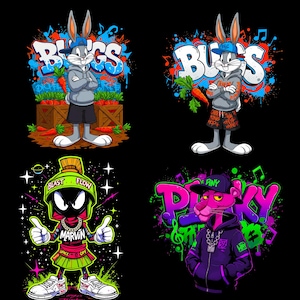 May include: Four cartoon character designs on a black background. Bugs Bunny in a gray hoodie and shorts, with the word "BUGS" in graffiti style. Marvin the Martian in a green helmet and skirt. The Pink Panther in a purple hoodie with the word "PINKY".
