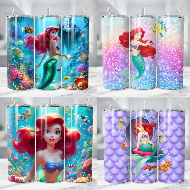 May include: A collection of four stainless steel tumblers featuring mermaid-themed designs. The tumblers showcase vibrant illustrations of mermaids, sea creatures, and underwater scenes in shades of blue, purple, and pink. Each tumbler includes a straw.