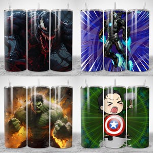 May include: Four stainless steel tumblers with various superhero designs. The tumblers feature images of Venom, Iron Man, Hulk, and Loki with Captain America's shield. Each tumbler has a clear straw.