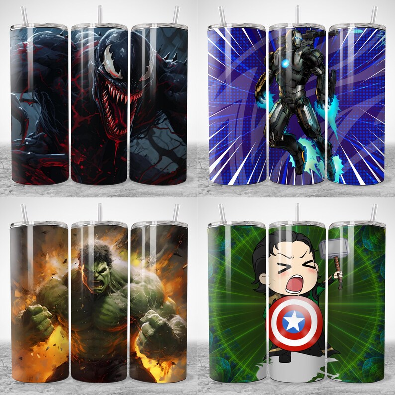 May include: Four stainless steel tumblers with various superhero designs. The tumblers feature images of Venom, Iron Man, Hulk, and Loki with Captain America's shield. Each tumbler has a clear straw.