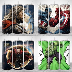 May include: A collection of stainless steel tumblers featuring Marvel comic book characters. Designs include Thor, Captain America, Captain Marvel, Doctor Strange, and the Hulk. Each tumbler has a straw and a colorful, detailed graphic.