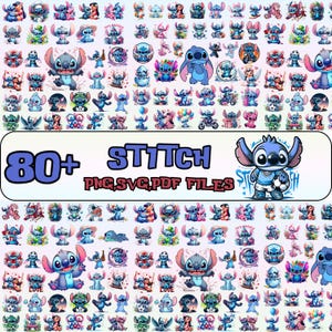 Puede incluir: Una colección digital de más de 80 ilustraciones del personaje Stitch en varias poses y estilos. Las imágenes muestran a Stitch en diferentes colores y entornos. El texto en la imagen dice "80+ Stitch PNG, SVG, PDF FILES."