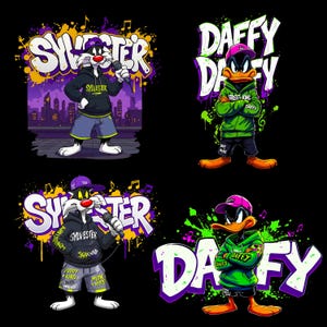 May include: Four cartoon images of Sylvester the Cat and Daffy Duck in urban streetwear. Sylvester is wearing a black hoodie and blue shorts, holding a microphone. Daffy Duck is in a green hoodie and black shorts. Graffiti-style text includes "Sylvester" and "Daffy".