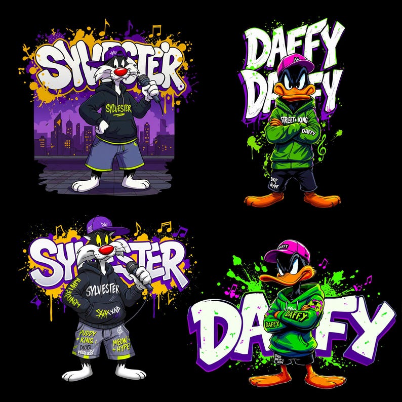 May include: Four cartoon images of Sylvester the Cat and Daffy Duck in urban streetwear. Sylvester is wearing a black hoodie and blue shorts, holding a microphone. Daffy Duck is in a green hoodie and black shorts. Graffiti-style text includes "Sylvester" and "Daffy".