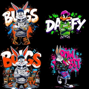 May include: Four cartoon illustrations on a black background. Bugs Bunny is featured in two images, wearing a gray hoodie and shorts, with the text "BUGS" and "CARROT KING." Daffy Duck is in another, wearing a green hoodie and a pink cap, with the text "DAFFY." The fourth image shows Bugs Bunny with the text "POW RABBIT."