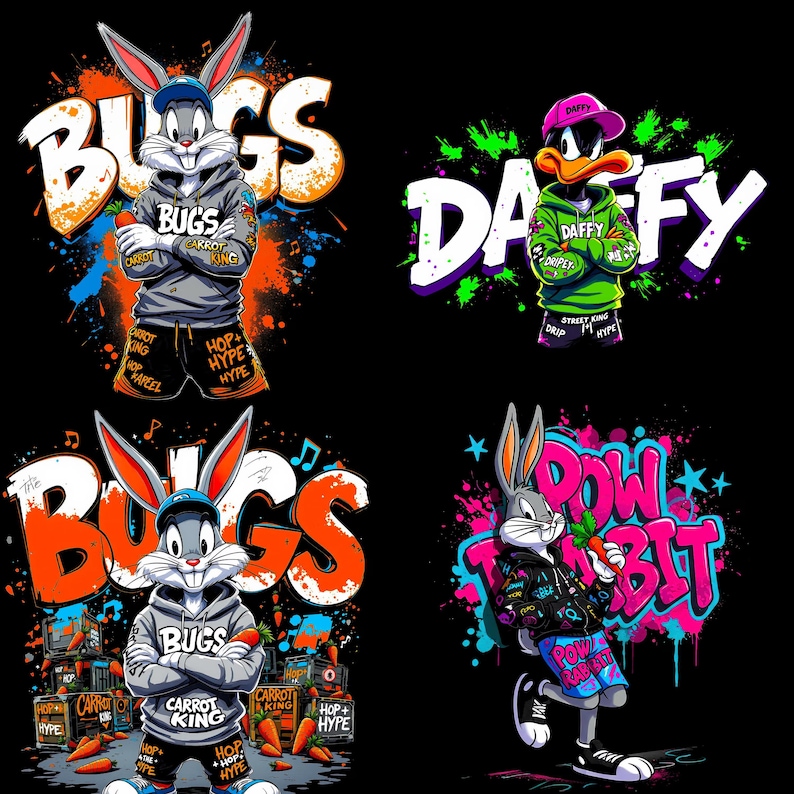 May include: Four cartoon illustrations on a black background. Bugs Bunny is featured in two images, wearing a gray hoodie and shorts, with the text "BUGS" and "CARROT KING." Daffy Duck is in another, wearing a green hoodie and a pink cap, with the text "DAFFY." The fourth image shows Bugs Bunny with the text "POW RABBIT."