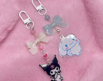 Kawaii Bow Beaded Keychain Cute Acrylic Charm Bag Chain Pink Pastel Keyring Gift for Her