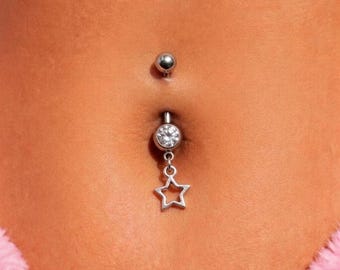 Star Belly Button Ring, Dangly Navel Piercing, Surgical Steel Belly Bar, CZ Star Belly Ring, Cute Silver Belly Piercing, Hypoallergenic
