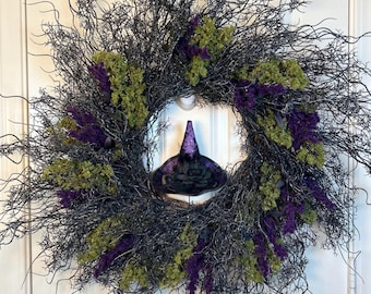 Halloween Witch Wreath: Black Witch Hat Door Decor with Purple Blooms