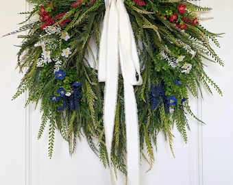 Red White Blue Cascading Faux Grass Wreath | Farmhouse Summer Door Swag