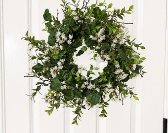 Minigroenkrans voor voordeur | Imitatiewitte bloemenkrans | 14 inch dagelijkse krans | Boerderij lente zomer decor | Cottagecore-muur