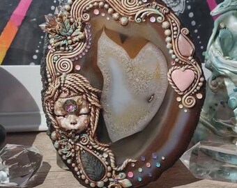 Triple Moon Goddess Seer Third Eye Altar Decor, Gaia Mother Earth Polymer Clay Sculpture on Agate with Natural Crystals