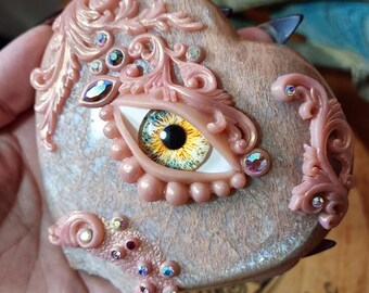 The Guardian Heart • Repurposed Peach Moonstone Altar Sculpture • Shamanic All-Seeing Eye Talisman • OOAK Hand-Sculpted Gothic Relic