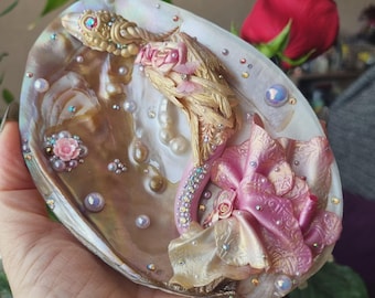 Blossom’s Embrace: Pearl Serpent Dragon Sculpture in Blooming Shell, OOAK Fantasy Home Decor