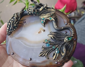 Shadow Guardian: Serpent Dragon Sculpture on Agate Portal, OOAK Polymer Clay Fantasy Home Decor