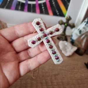 Christian Statement Cross Necklace – Whimsical Polymer Clay Cross with Sparkling Rhinestones