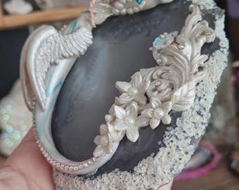 Radiant Celestial Pearl Serpent Dragon on Agate Slice, OOAK Polymer Clay Crystal Dragon Sculpture