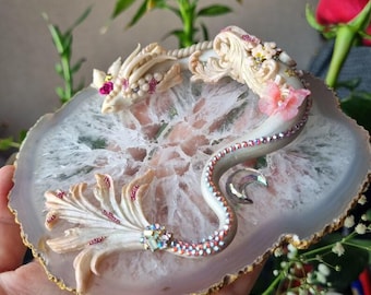 Pristine Luminary: Ethereal Serpent Dragon on Translucent Agate, Crystal Keeper Home Decor Sculpture