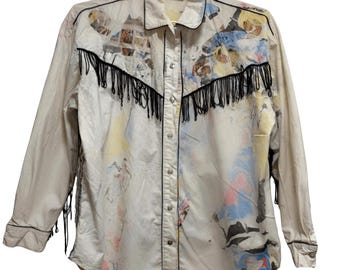 Vintage Handmade Western Fringe Button-Up Shirt - Hand-Painted Artwear - Medium