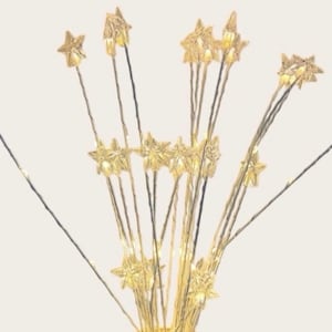 May include: A decorative spray of thin, gold-colored wire stems, each topped with a small, five-pointed star. The stars are illuminated with warm, glowing lights, creating a radiant, starburst-like arrangement that fans outward from a central base.