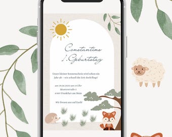 Forest animals Digital invitation 1st birthday Invitation children's birthday personalized template to print WhatsApp Invitation girl boy